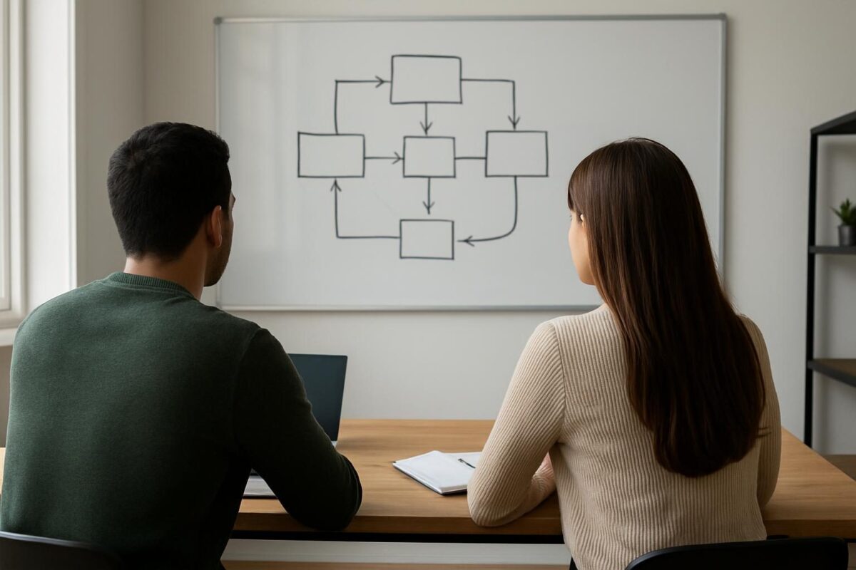 Equipe de desenvolvimento diante de um quadro branco planejando a estrutura de um projeto
