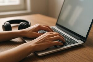Mãos em um teclado de notebook com fones de ouvido ao lado, em uma mesa de trabalho