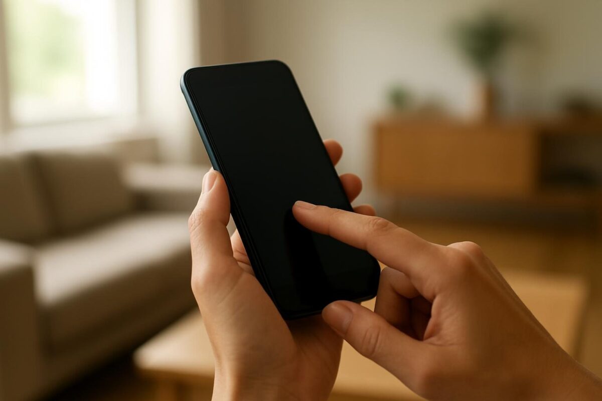 Pessoa usando o dedo para navegar na tela de um smartphone em uma sala iluminada