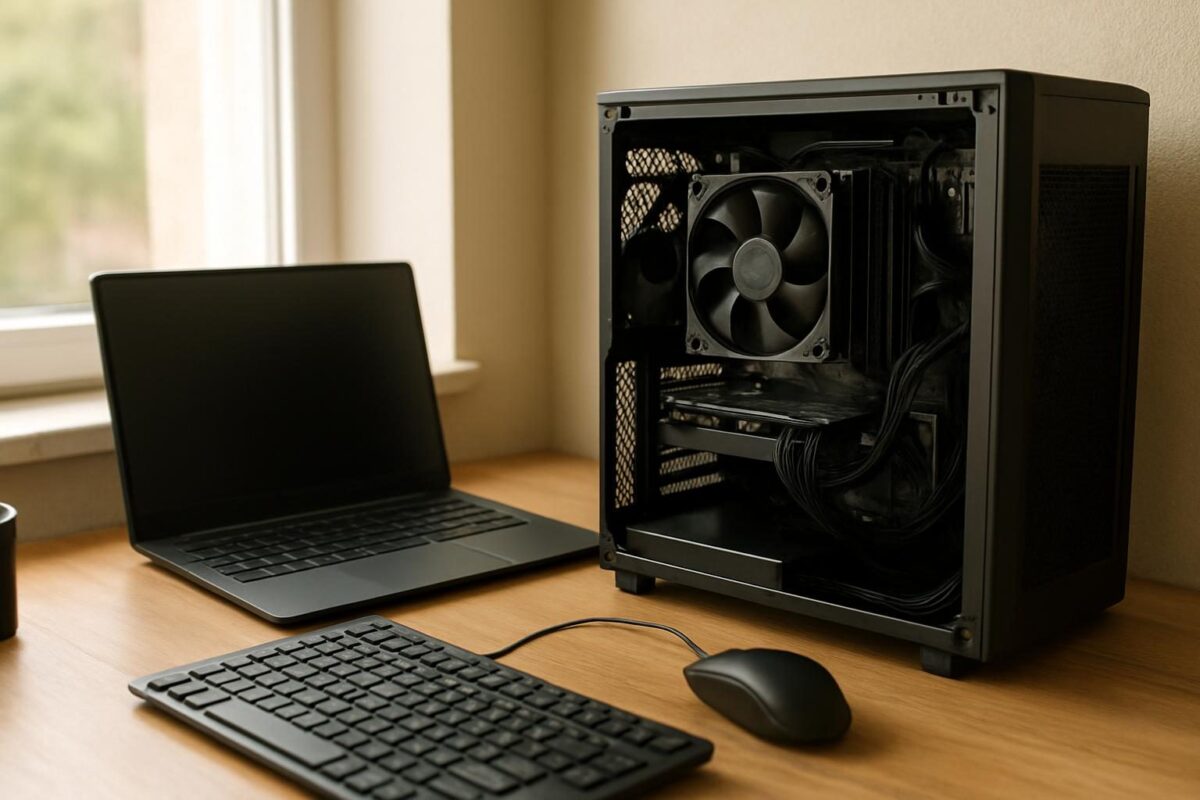 Interior de um computador desktop aberto com o cooler do processador em destaque