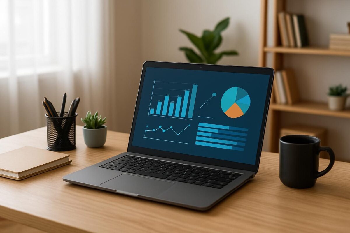 Notebook sobre a mesa exibindo gráficos de uso do sistema, em ambiente de escritório doméstico
