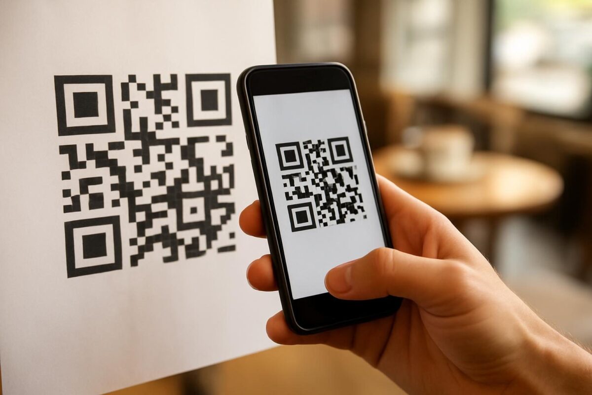 Mão apontando a câmera do celular para um QR Code impresso em um cartaz