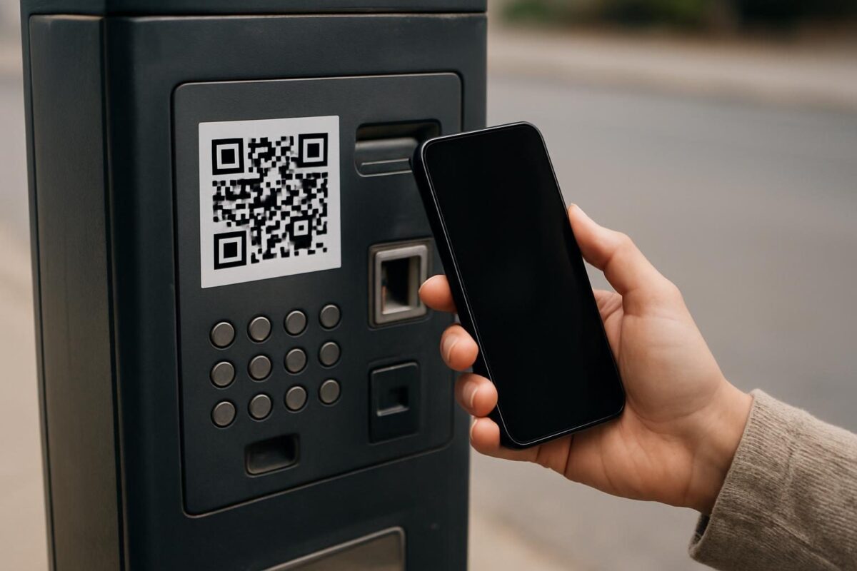 Pessoa avaliando um QR Code colado em uma máquina antes de escanear