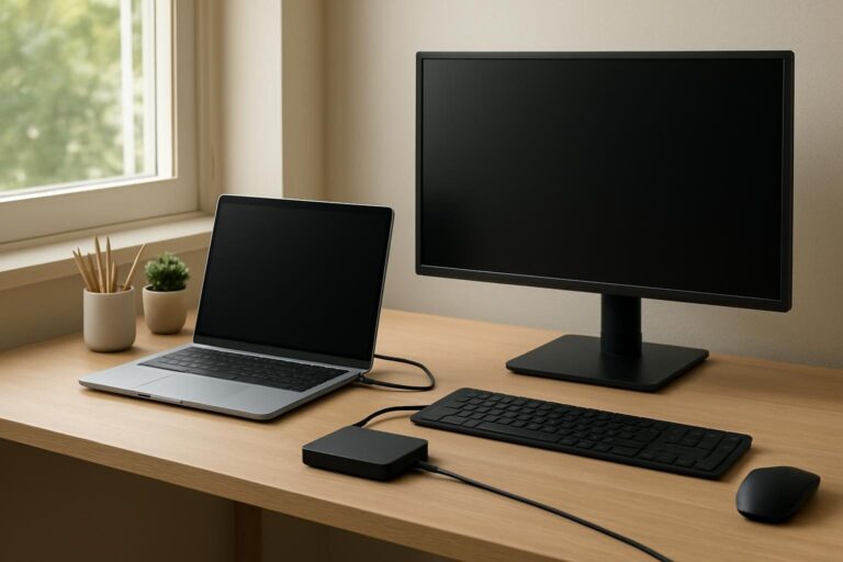 Notebook ligado por um único cabo a uma docking station em uma mesa de trabalho com monitor, teclado e mouse