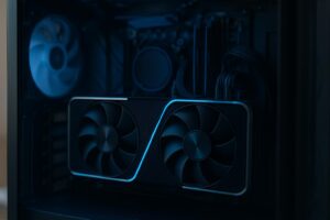 Placa de vídeo instalada em um PC gamer com ventoinhas e dissipador em destaque