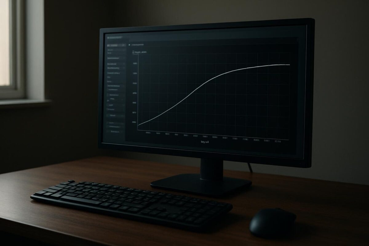 Monitor exibindo gráfico de curva de tensão e frequência de uma GPU em uma mesa de PC