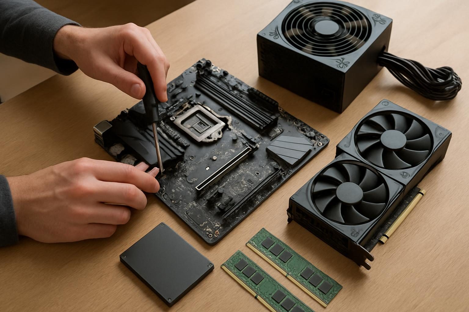 Componentes de computador separados sobre a mesa para montagem de um PC gamer
