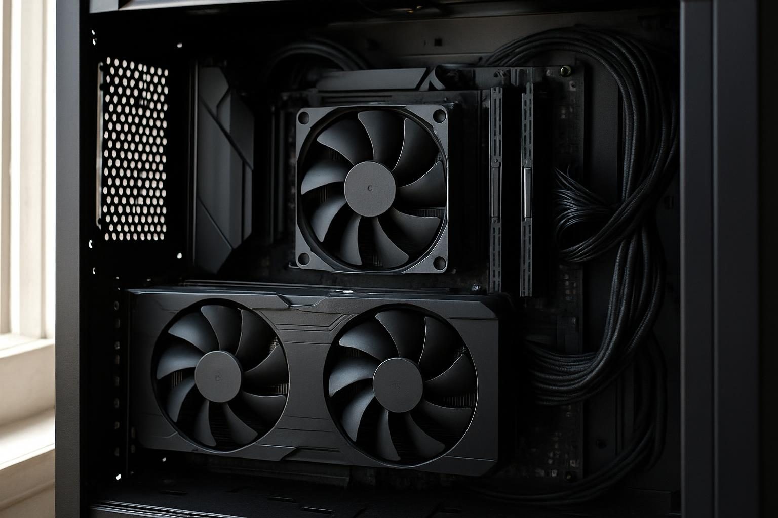 Interior de um PC gamer aberto mostrando placa de vídeo, cooler e memórias