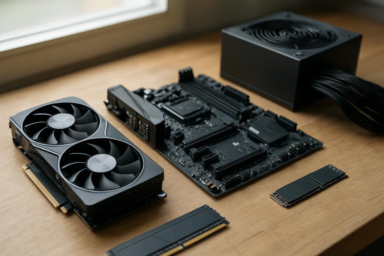 Componentes de PC para jogos sobre a bancada antes da montagem: placa de vídeo, placa-mãe, memória, SSD e fonte