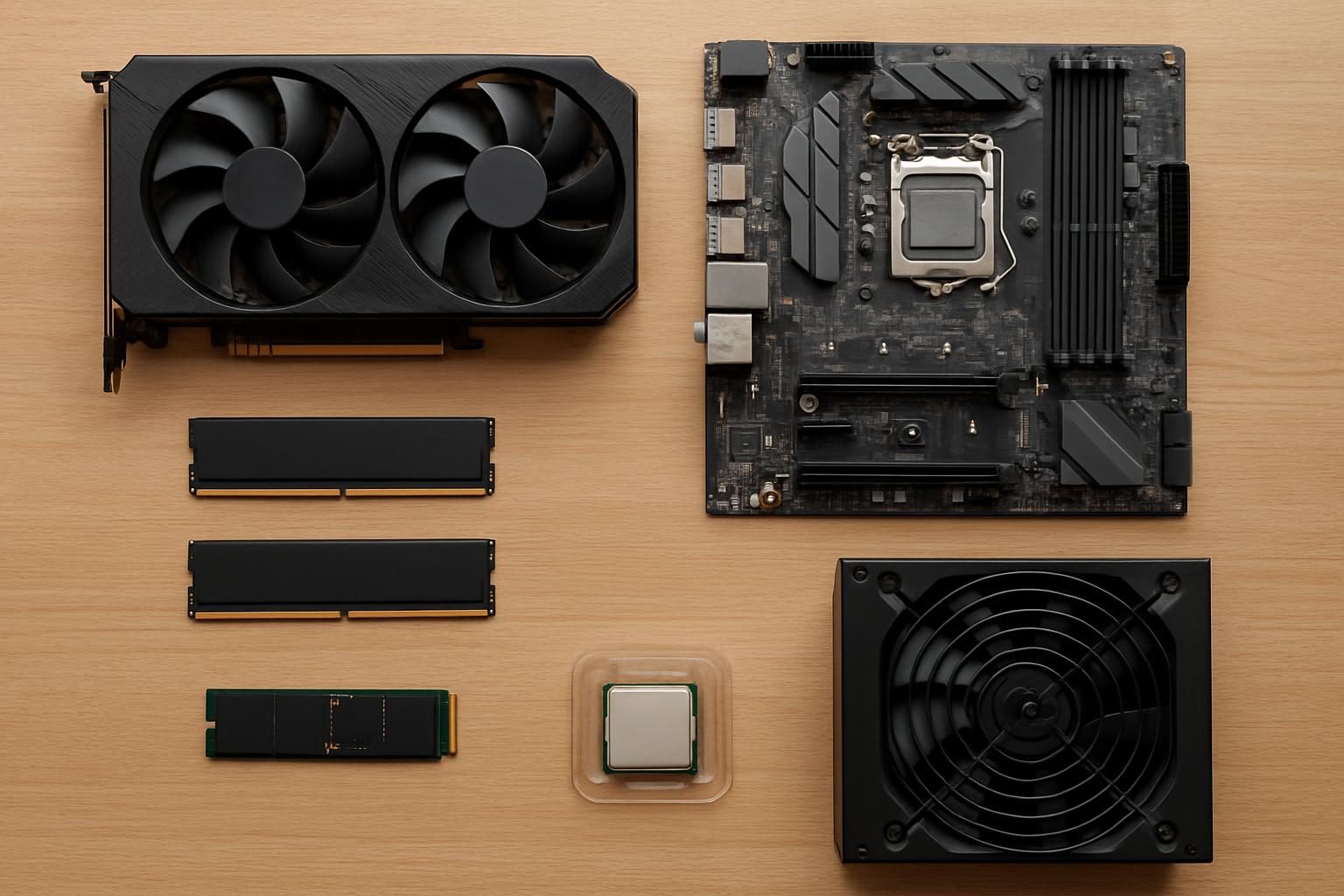 Componentes de um PC gamer organizados sobre a mesa antes da montagem