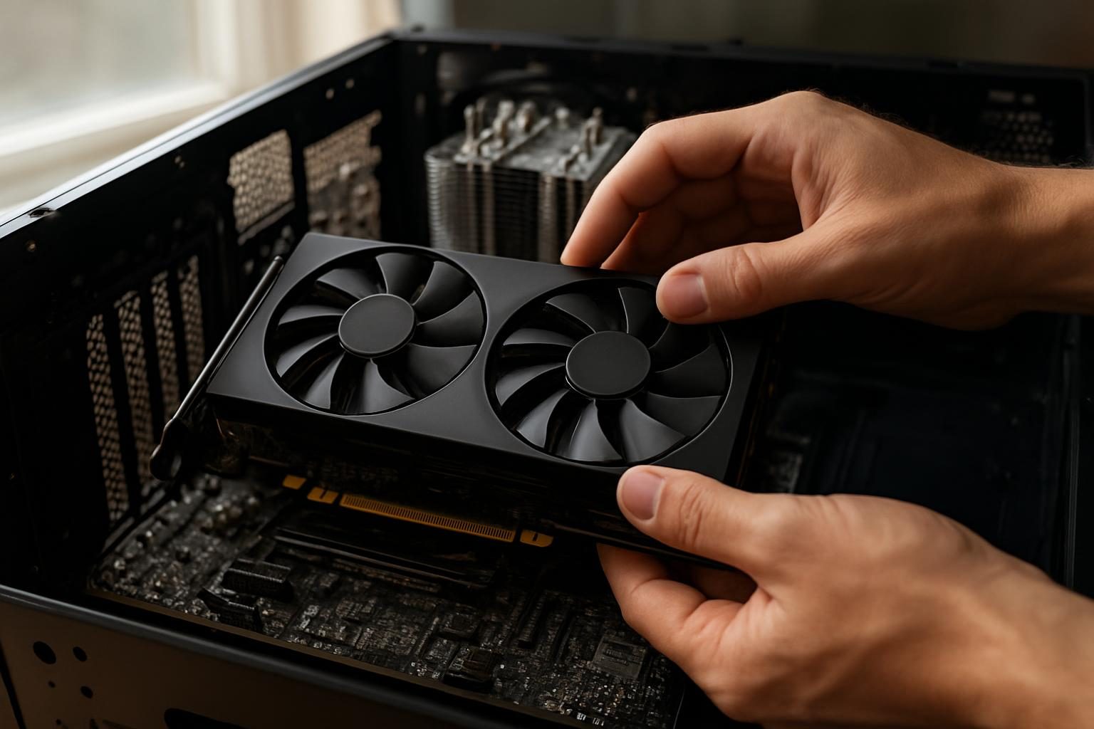 Instalação de uma placa de vídeo na placa-mãe durante a montagem de um PC gamer