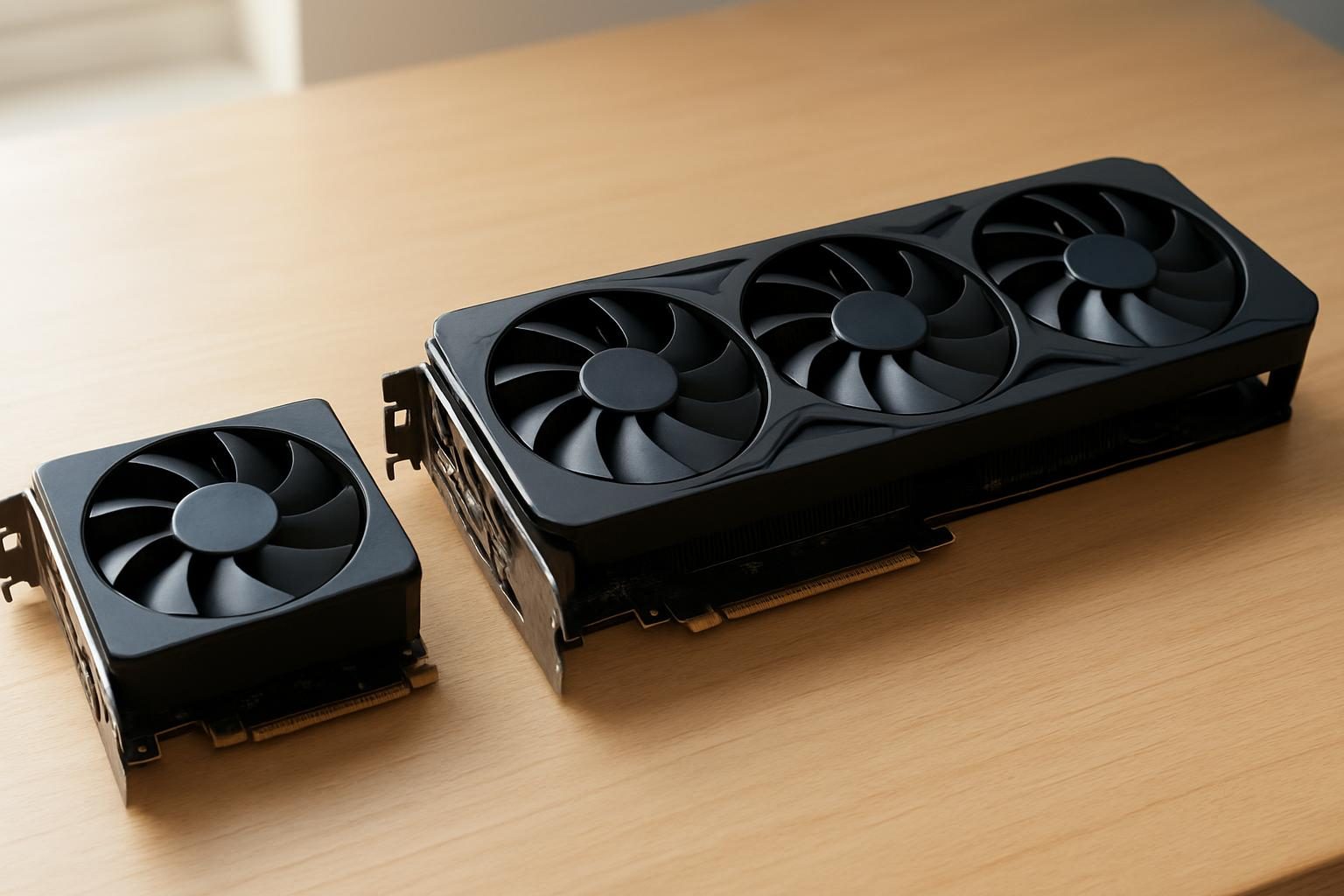 Comparação entre uma placa de vídeo compacta com um ventilador e outra maior com três ventiladores