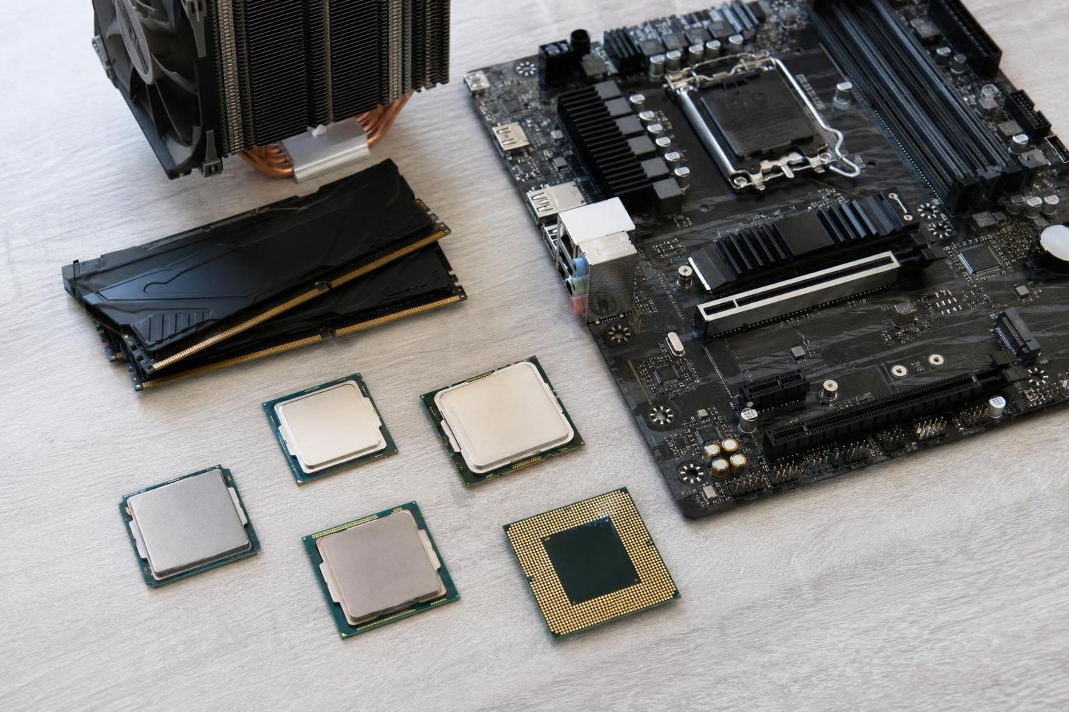 Processadores, placa-mãe, memórias e cooler dispostos para comparação