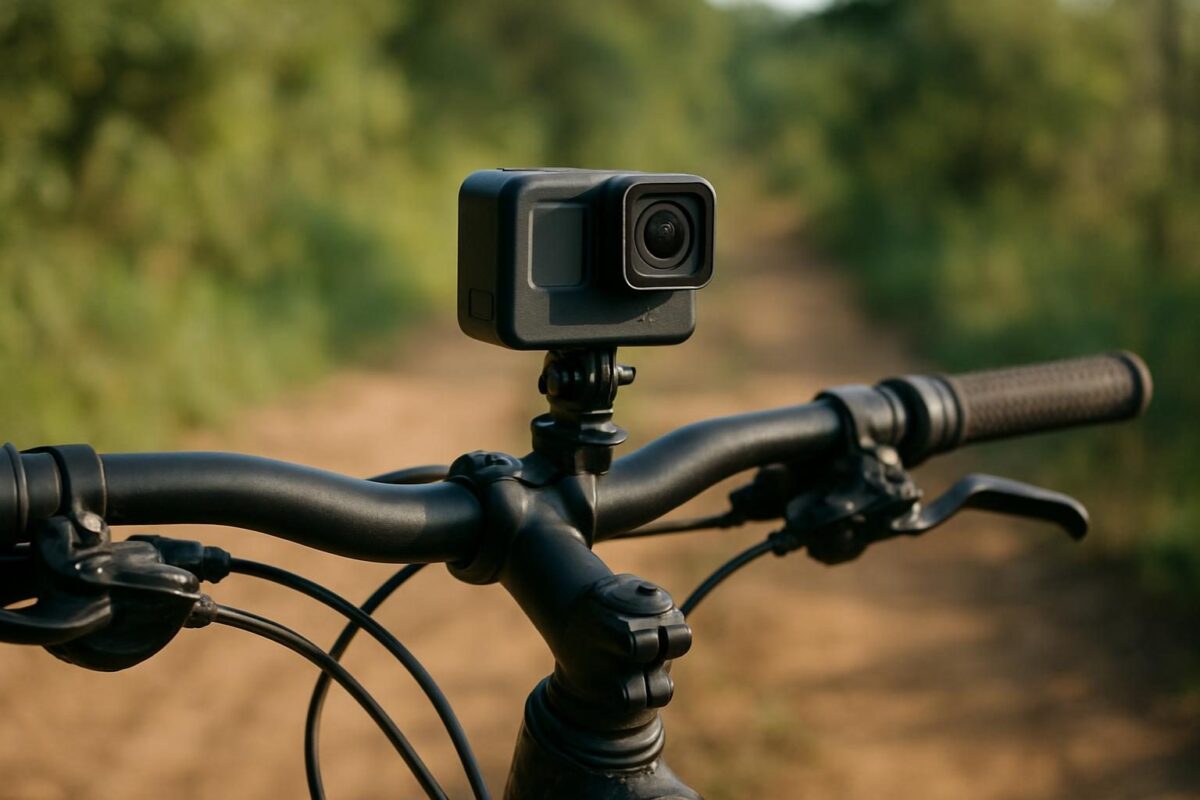 Câmera de ação fixada no guidão de uma bicicleta em trilha de terra